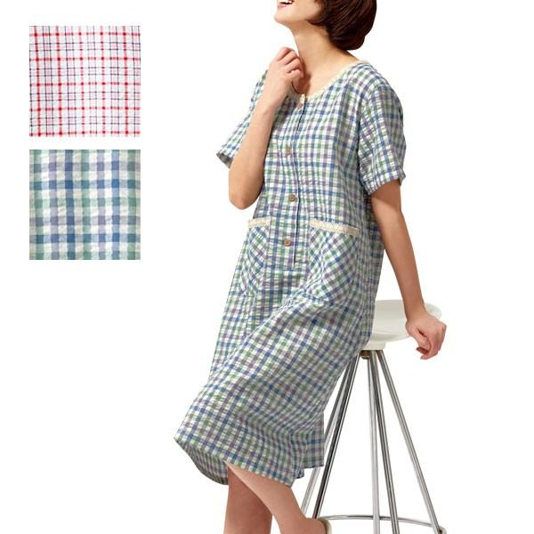レディース ワンピース ルームウェア パジャマ M L LL 綿100% ポケット付き チェック柄 ...
