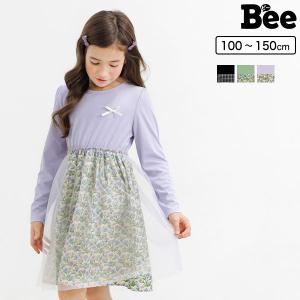 異素材切り替えワンピ 子供服 子ども服 こども服 キッズ 女の子 チュール 切替え リボン 春 秋 冬 100 110 120 130 140 150 24年SS新作｜kodomofuku-bee