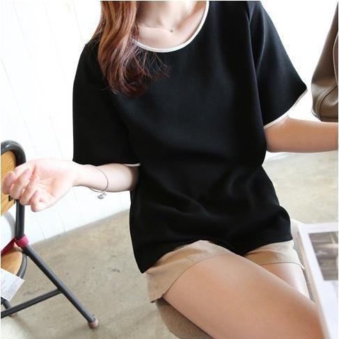 送料無料 ブラック ホワイト へり 首回り 袖周り チュニック Tシャツ カットソー 半袖 冬 クリ...