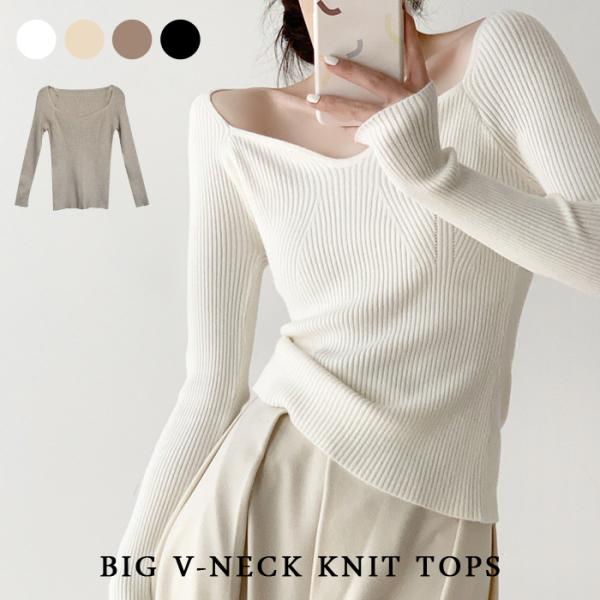 ニットトップス レディース 秋 冬 秋冬 黒 白 タイト ニット トップス 長袖 リブニット Vネッ...