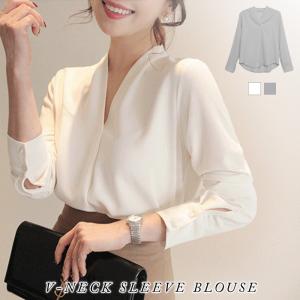 ブラウス レディース 秋 冬 秋冬 白 無地 シャツ トップス Vネック 長袖 チュニック アイボリー グレー オフィス カジュアル 20代 30代 40代 OL 送料無料