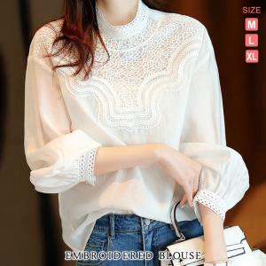 ブラウス レディース 秋 冬 秋冬 白 ブラウスシャツ レース シャツ トップス 無地 長袖 チュニック シンプル きれいめ スタンドカラー 20代 30代 送料無料