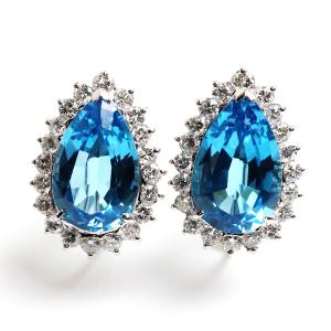 Pt900 プラチナ ブルートパーズ7.42/6.47ct  ダイヤモンド1.11ct×2 イヤリング 15.0ｇネジ/ばね式/中古/美品｜koera