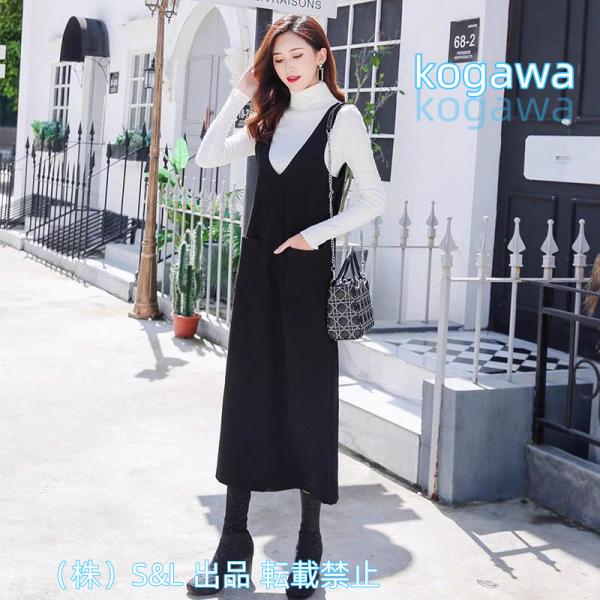 V襟ジャンバースカート　ウール　ブラック　暖か　防寒　ひざ丈　ジャンパースカート　S＆L 大きいサイ...