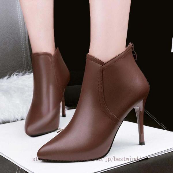 ショートブーツ レディース 歩きやすい ヒール ハイヒール ピンヒール 10cm PU エコレザー ...