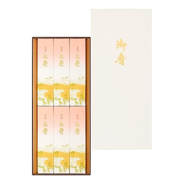 線香　贈答用　ギフト　お供え　お盆　新盆見舞い　喪中見舞い　日本香堂　名香永寿　進物6箱入