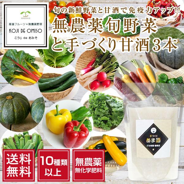 和歌山より産地直送！ おまかせ無農薬旬野菜（10種類以上）と手づくり生甘酒 3本［送料無料］ ■期日...