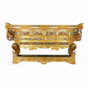 寺院用 前卓 東用 阿弥陀堂型 本金箔押 裏黒 框箱金具打 彫淡彩色 框巾4尺 120cm 別上品 カシュー塗 +彫淡彩色