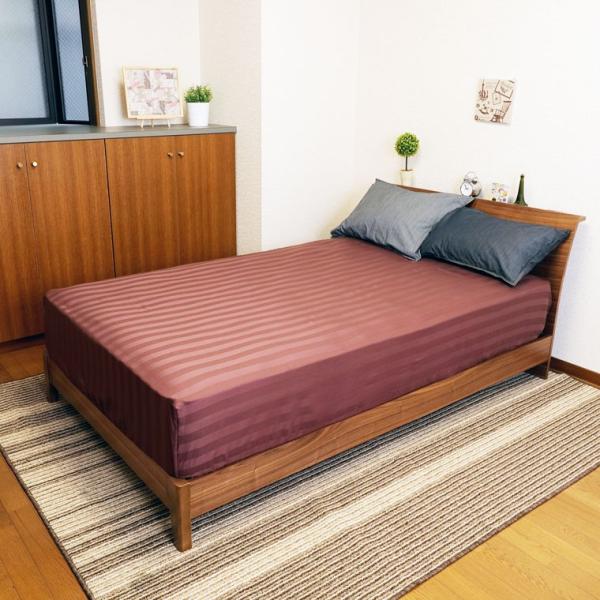 送料無料 ボックスシーツ サテンストライプ セミシングル ブラウン 綿100％ なめらかな肌ざわり ...