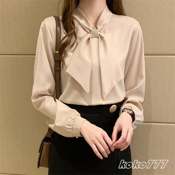 シャツ レディースシャツ ブラウス 長袖 サテン リボン ワイシャツ 無地 フォーマル 制服 上着 ...