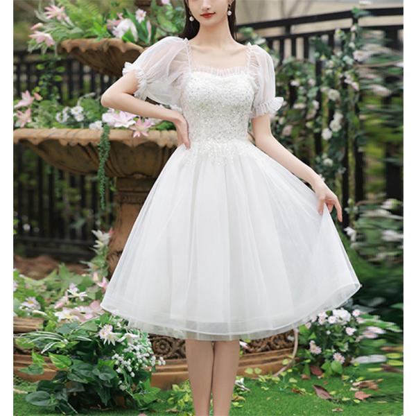 パーティードレス レディース ナイトドレス ミディアムひざ丈 白 ワンピース 半袖 ウェディング 結...