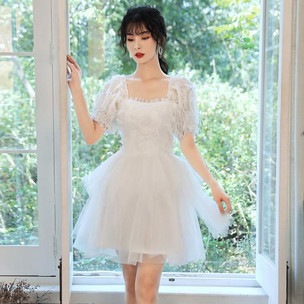 パーティードレス レディース ナイトドレス ショート 白 ワンピース 半袖 ウェディング 結婚式 チ...