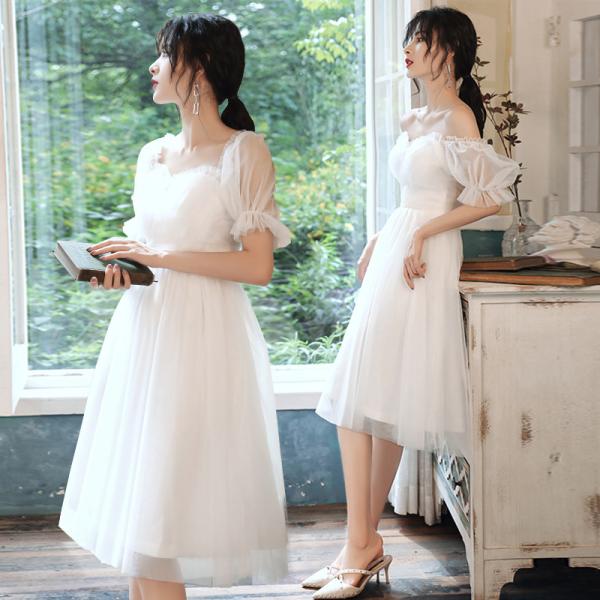 パーティードレス レディース ナイトドレス ミディアムひざ丈 白 ワンピース 半袖 ウェディング 結...