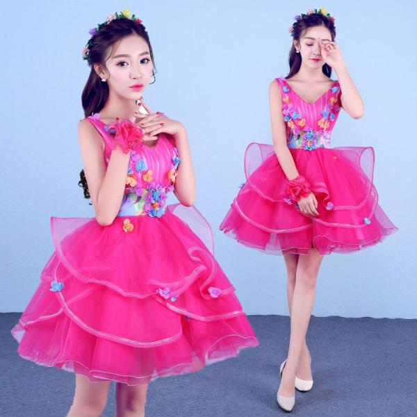 カラードレス レディース ショート Vネック ワンピース 公演 パーティー プリンセス お花 ダンス...