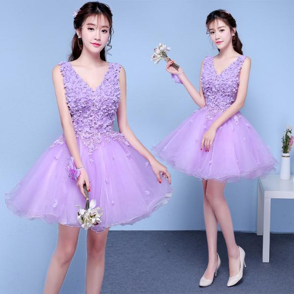 カラードレス レディース ショート Vネック ワンピース 公演 パーティー プリンセス お花 ダンス...