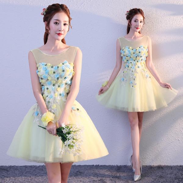 カラードレス レディース ショート ワンピース 公演 パーティードレス プリンセス お花 ダンスウェ...
