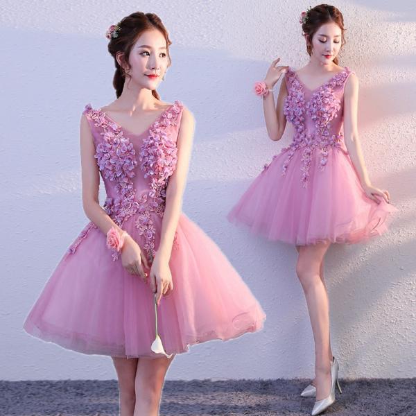 カラードレス レディース ショート Vネック ワンピース 公演 パーティー プリンセス お花 ダンス...