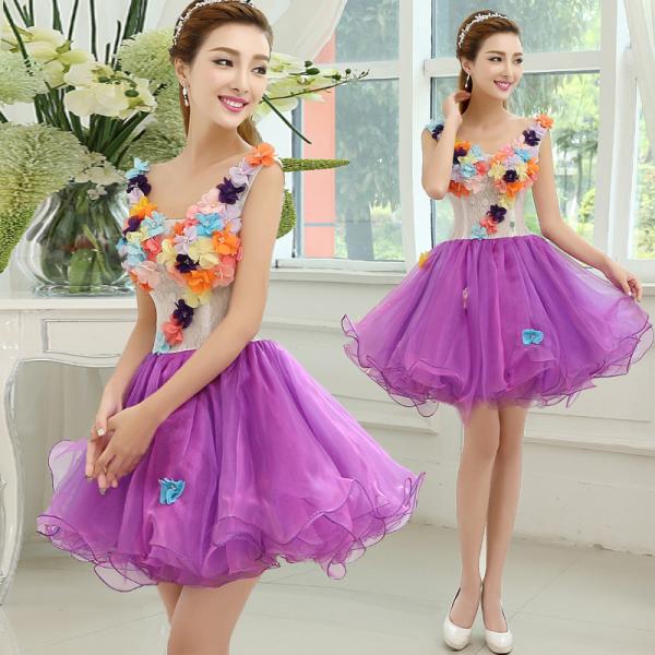カラードレス レディース ショート ワンピース 公演 パーティードレス プリンセス お花 ダンスウェ...