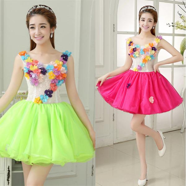 カラードレス レディース ショート ワンピース 公演 パーティードレス プリンセス お花 ダンスウェ...
