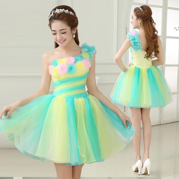 カラードレス レディース ショート ワンピース 公演 パーティードレス プリンセス お花 ダンスウェ...
