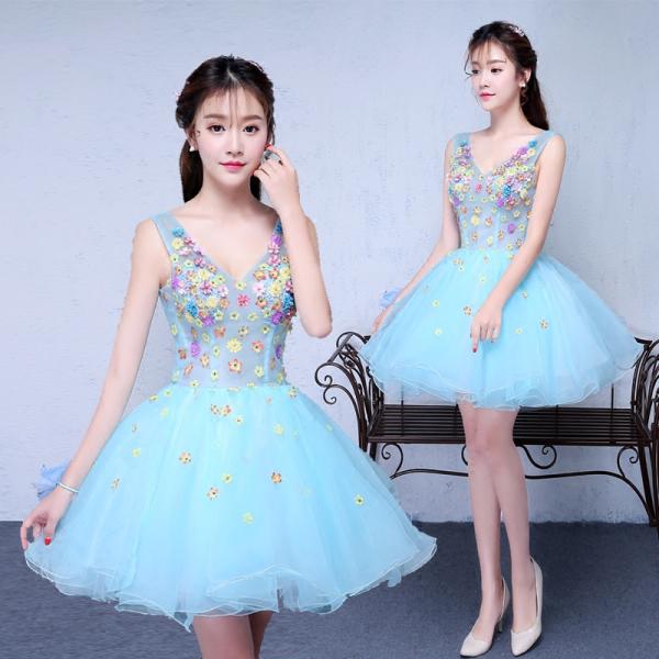 カラードレス レディース ショート ワンピース 公演 パーティードレス プリンセス お花 Vネック ...