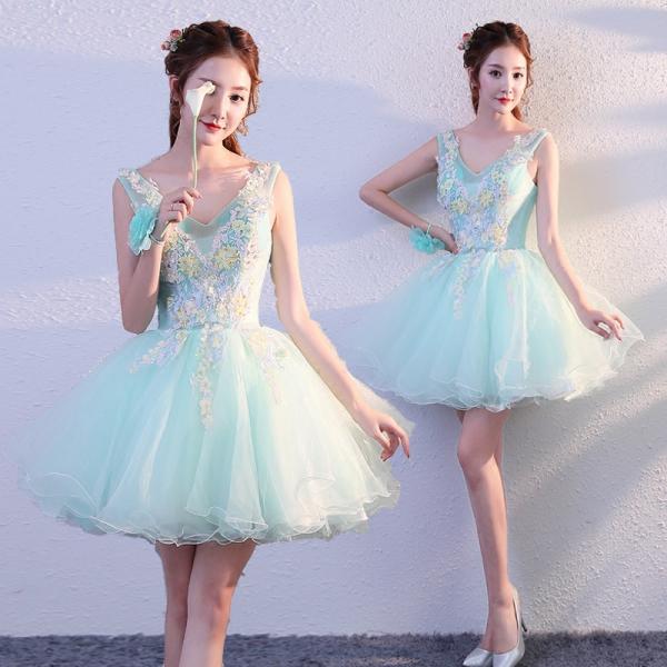 カラードレス レディース ショート ワンピース 公演 パーティードレス プリンセス お花 Vネック ...