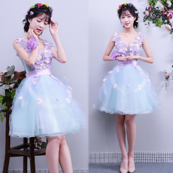 カラードレス レディース ショートドレス ワンピース 公演 パーティー チュール お花 ダンスウェア...