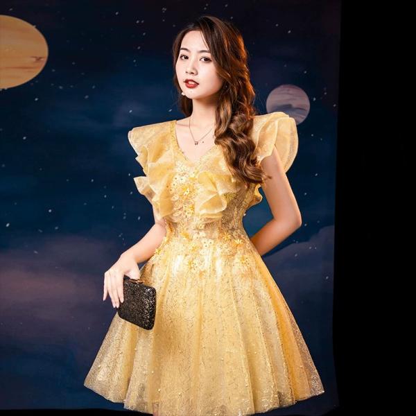 カラードレス レディース パーティードレス ショート ワンピース 公演  チュール フリル ダンスウ...