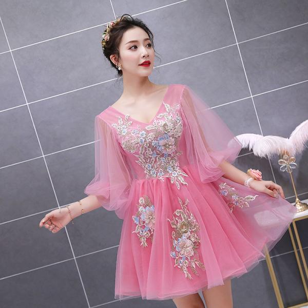 カラードレス レディース ショート ワンピース 公演 パーティードレス プリンセス 花柄 洋服 チュ...