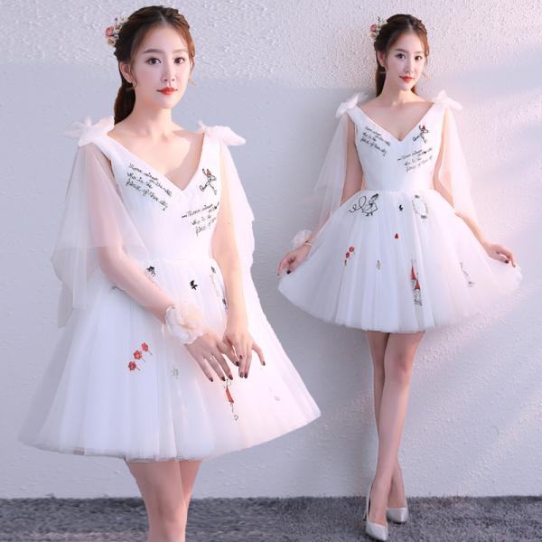 ドレス レディース ショート ワンピース 公演 パーティードレス プリンセス 白 洋服 チュール ウ...