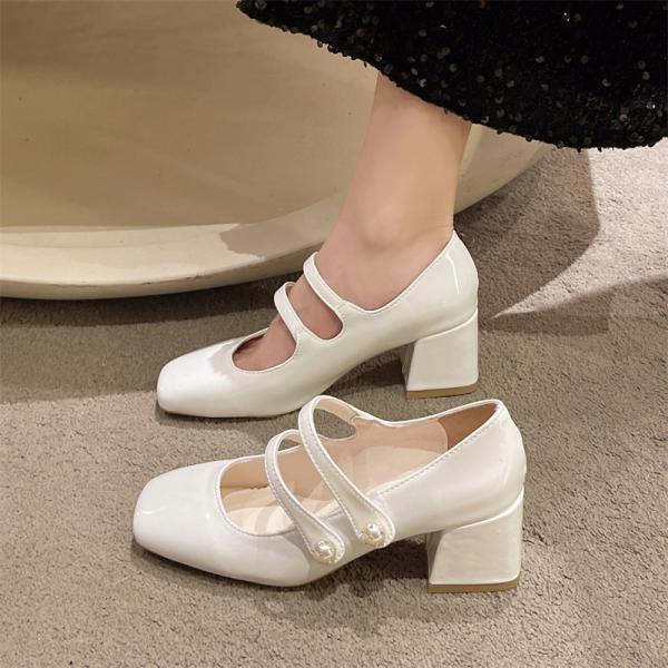 パンプス レディース シューズ スクエアートゥ 太めヒール 革靴 エナメル ハイヒール ストラップ ...