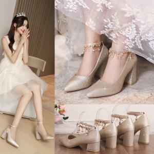 パンプス レディース シューズ 太めヒール ハイヒール アンクルストラップ ダンス 発表会 パーティー 結婚式 ウェディング ラインストーン 公演 プリンセス 靴