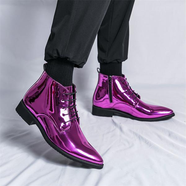 メンズブーツ 紳士靴 ブーティー 革靴 編み上げ エナメル 緑紫黒 アンクルブーツ 発表会 ヒップホ...