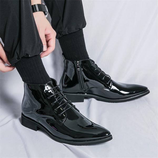 メンズブーツ 紳士靴 ブーティー 革靴 編み上げ エナメル 緑紫黒 アンクルブーツ 発表会 ヒップホ...