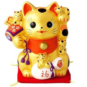 招き猫 貯金箱 置物 親子 陶器 金運 開運 縁起物 右手 金色 ゴールド