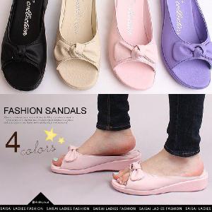 サンダル レディース スリッパ ミュール リボン オープントゥ ウェッジヒール コサージュ 花 カジュアル