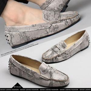 デッキシューズ モカシン レディース パイソン 型押し 合皮 ぺたんこ ローファー フラットシューズ スリッポン