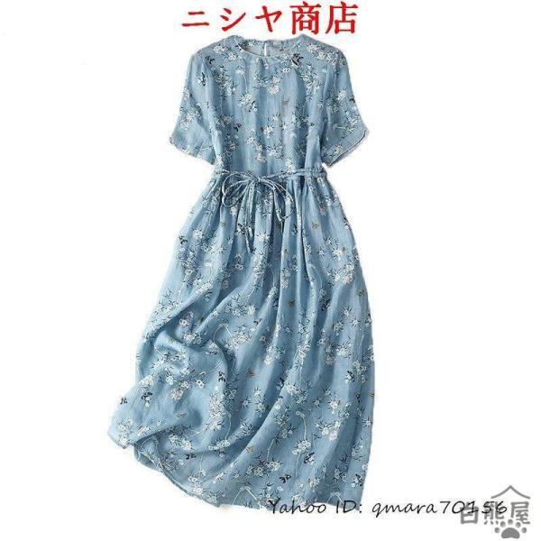 美品 大人 上品 エレガントな花柄プリント綿麻ワンピース レディース ワンピース 50代 60代 フ...