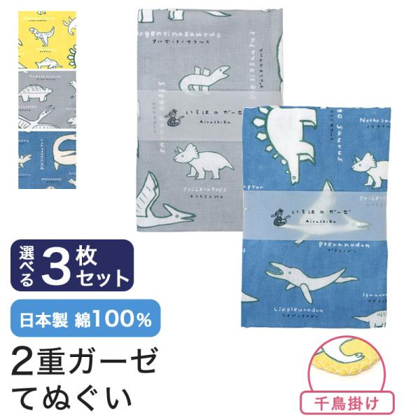 ガーゼ 手ぬぐい 3枚セット 恐竜 日本製 やわらか 熨斗 粗品 年賀 内祝 ふきん 二重袷 ポイン...