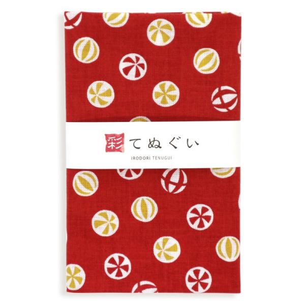 手ぬぐい 日本製 鞠 毬 まり 赤 切りっぱなし 和柄 小紋調 綿100% 乾きやすい 昔ながら タ...