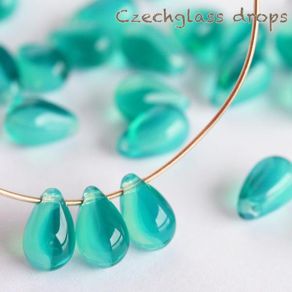 チェコガラスビーズ ドロップ しずく 9×6mm バイカラー ナイルブルー×エメラルドオパール 20...