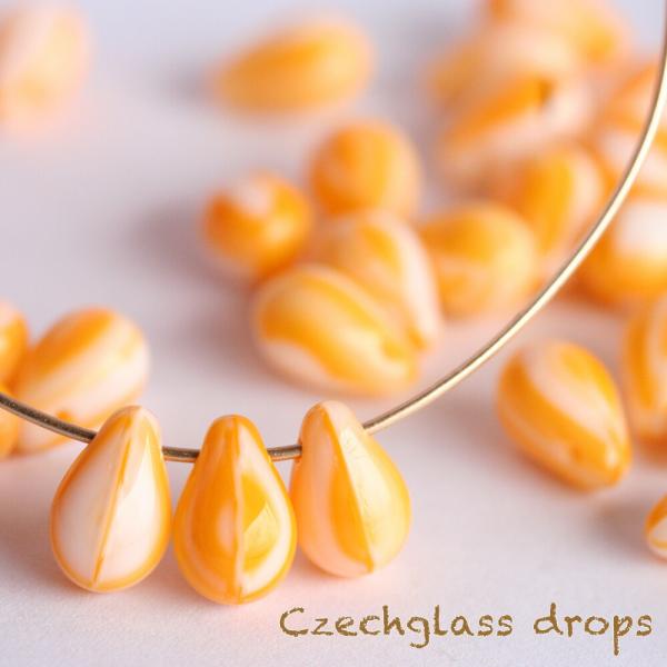 チェコガラスビーズ ドロップ 約9×6mm オペークイエローマーブル  20個  しずく チェコビー...
