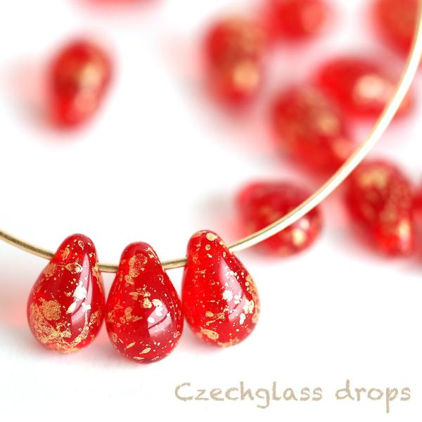 チェコビーズ ドロップ 6×9mm シャムゴールド 約20個 しずく チェコビーズ レッド 赤 金色...