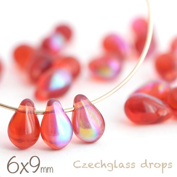 チェコビーズ ドロップ 6×9mm インディアンピンクオーロラ 約20個 しずく 雫 チェコガラス ...