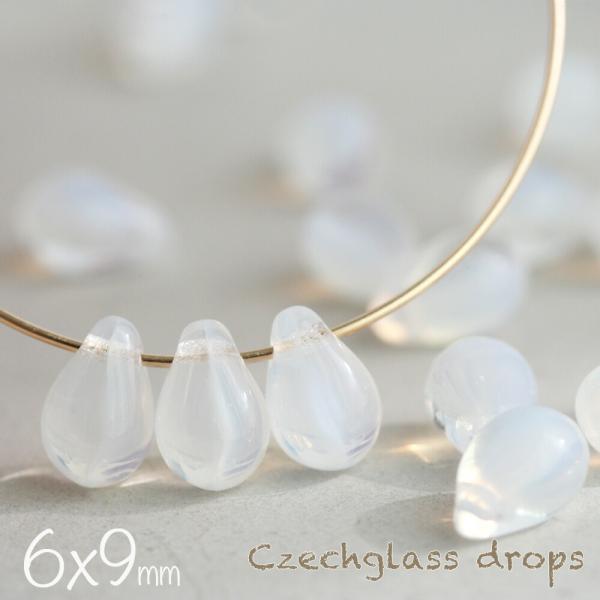 チェコビーズ ドロップ 6×9mm バイカラー ホワイトオパール×クリスタル 約20個 しずく 雫 ...