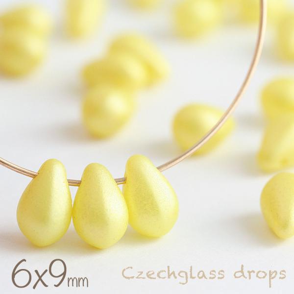 チェコビーズ ドロップ 6×9mm イエローシルキーコーティング 約20個 しずく 雫 チェコガラス...