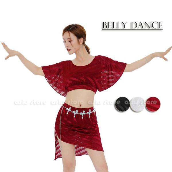 レディースベリーダンス衣装 上下セット 全3色 トップス 半袖 へそ出し バックレス ブラウス ショ...