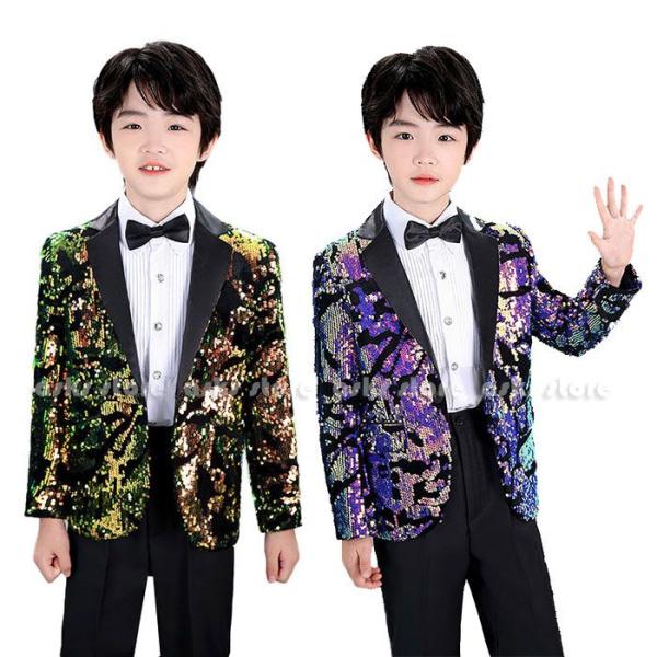 キッズスーツ 子供服 男の子 セットアップ スパンコールジャケット シャツ パンツ 蝶ネクタイ キッ...