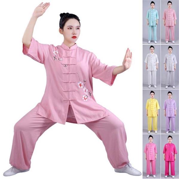 太極拳 服 レディース 大人 太極拳ウェア 上下セット 花プリント 夏用 半袖 カンフー 武術 演出...