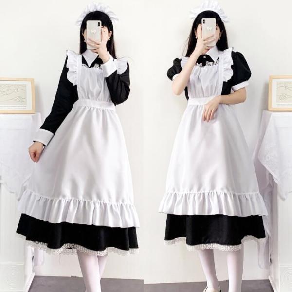 ロング丈 メイド服 ハロウィン メイドコスチューム レディース 大人 黒白 クラシック メイド服 c...